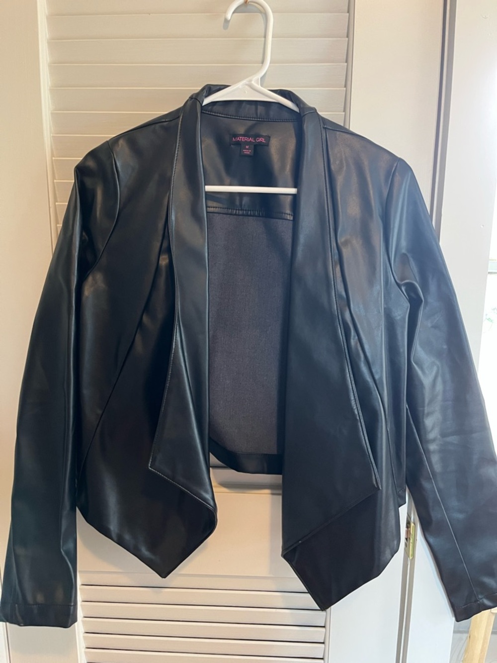Material Girl Black Faux Leather Drape Open-Front Jacket